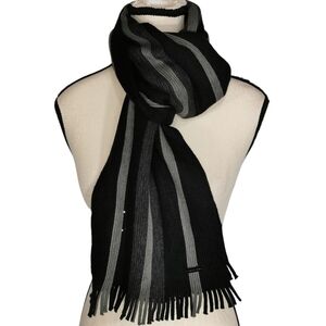 Michael Kors Black Grey Striped Knit Fringe Scarf